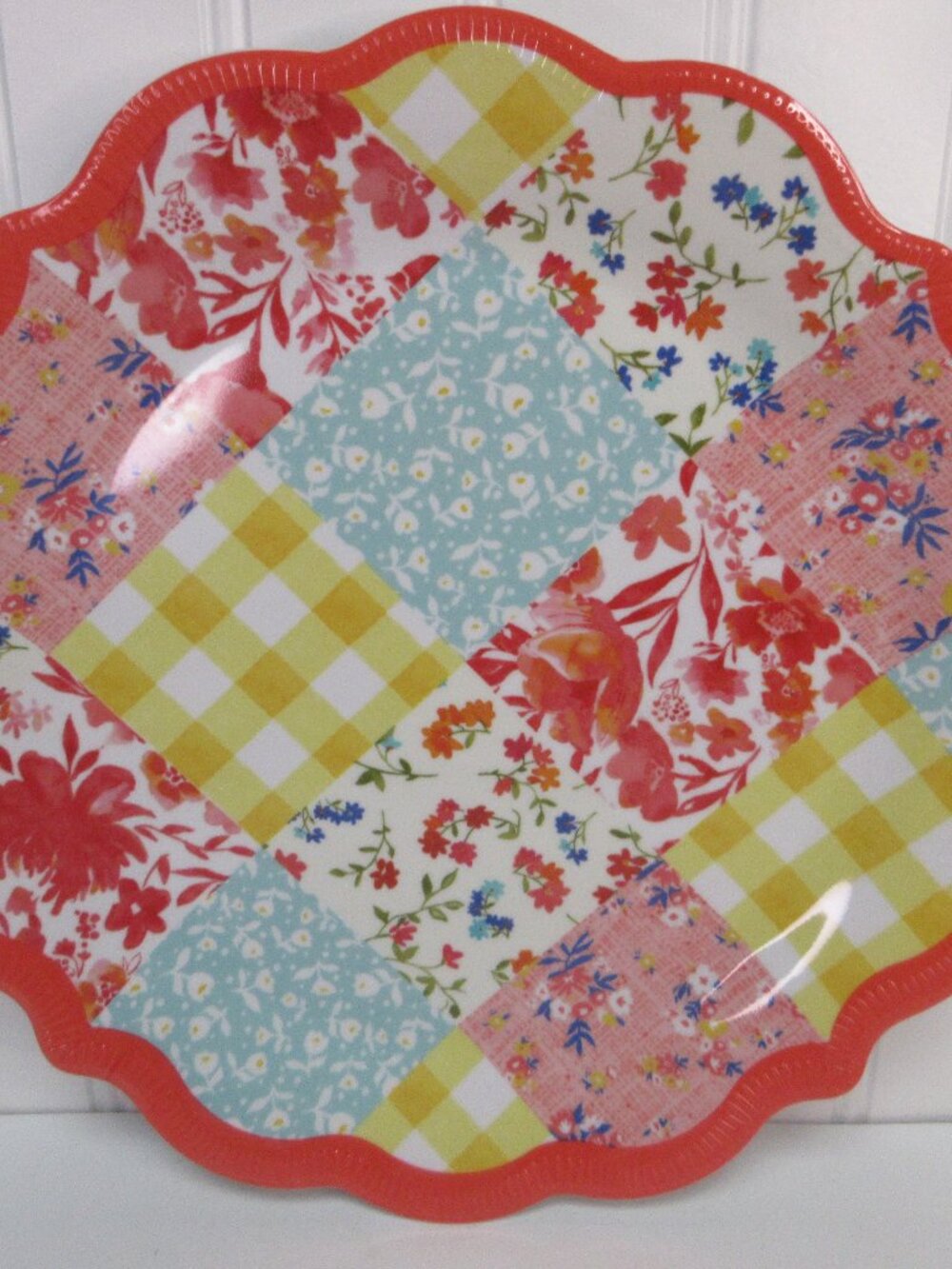 Set of 4 Pioneer Woman Dinner Plates Patchwork Medley Melamine Coral 10.7 dia